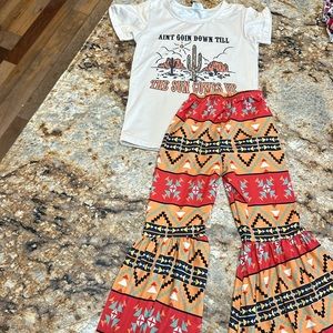 Ain’t Going down till the sun comes up bell bottom outfit, Aztec flare pants